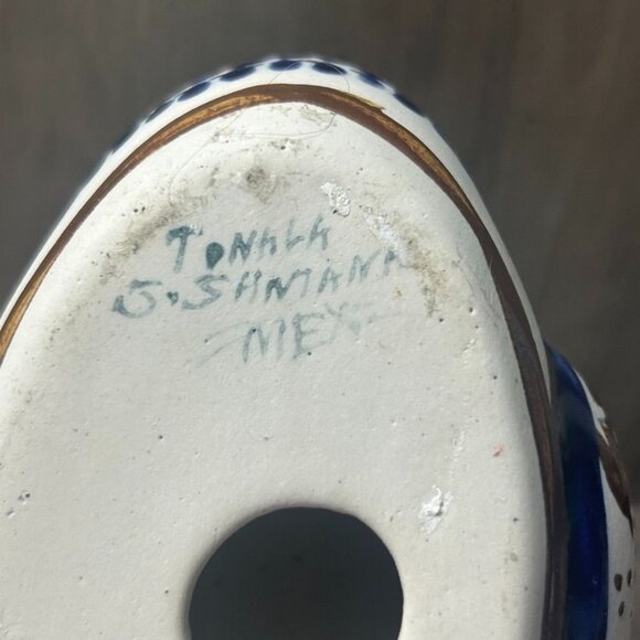 Vintage J Santana Tonala Mexico Ceramic Toucan Hand-Painted Floral Blue Brown - Picture 4 of 8